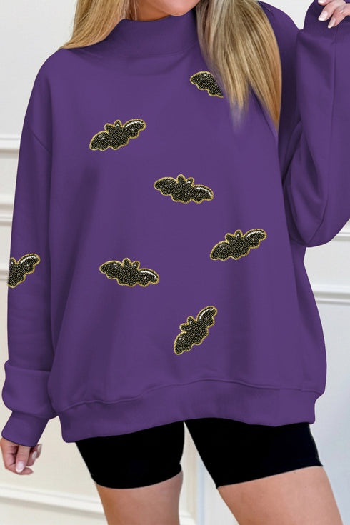 Sequin Bat Pattern Mock Neck Graphic Sweatshirt