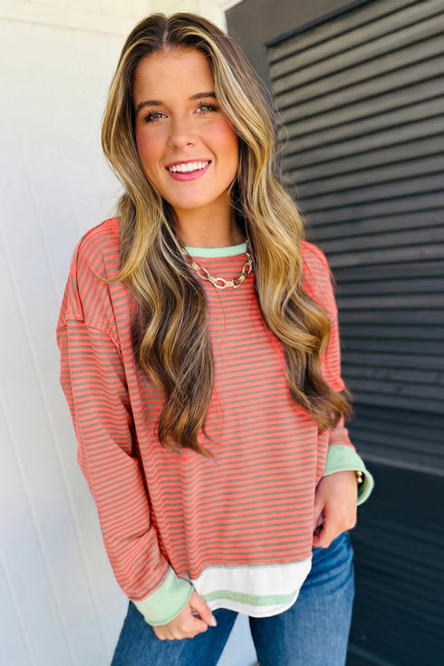Striped Pattern Raw Seam Long Sleeve Top