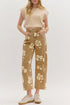 Floral Print Metal Button Pleated Straight Leg Jeans