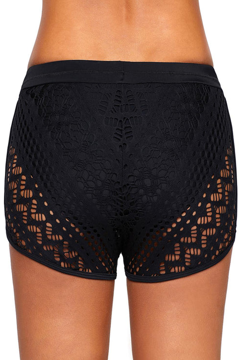 Geometric Lace Drawstring Waist Dolphin Hem Swim Shorts