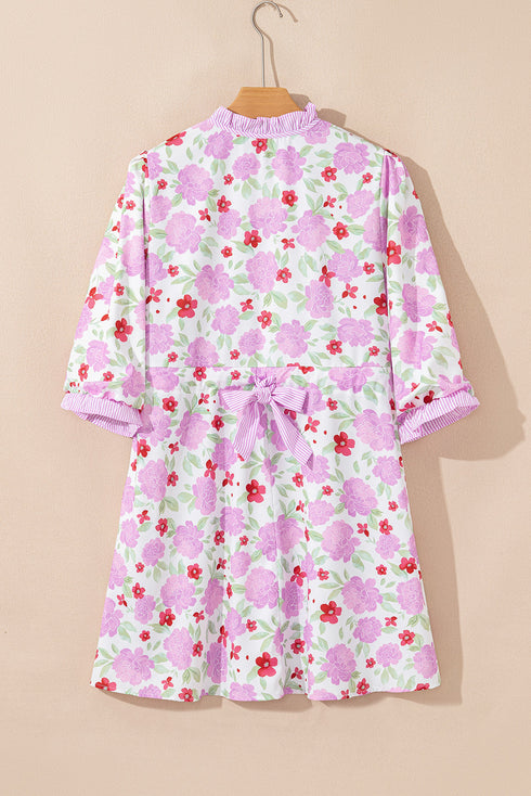 Southern Belle Striped Trim Frilled Neck Mini Floral Dress