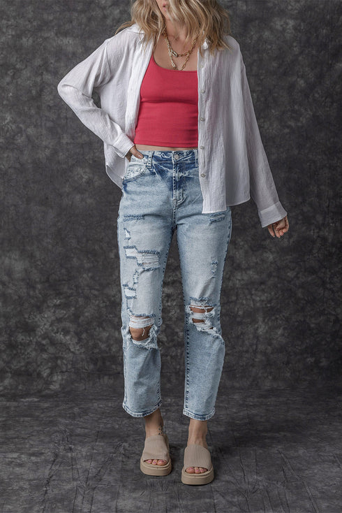 Distressed Frayed Slim Fit High Waist Denim Jeans