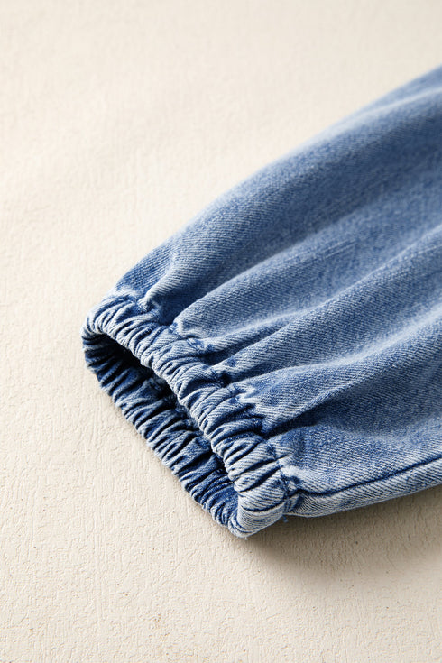 Western Puff Sleeve V Neck Ruffled Denim Mini Dress