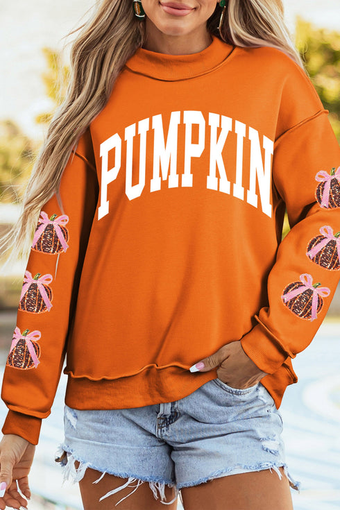 Sequined Pumpkin Applique Layered Mock Neck Graphic Sweatshirt