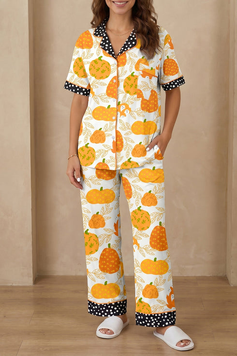 Pumpkin Print Polka Dot Trim Short Sleeve Pocket Loungewear Set