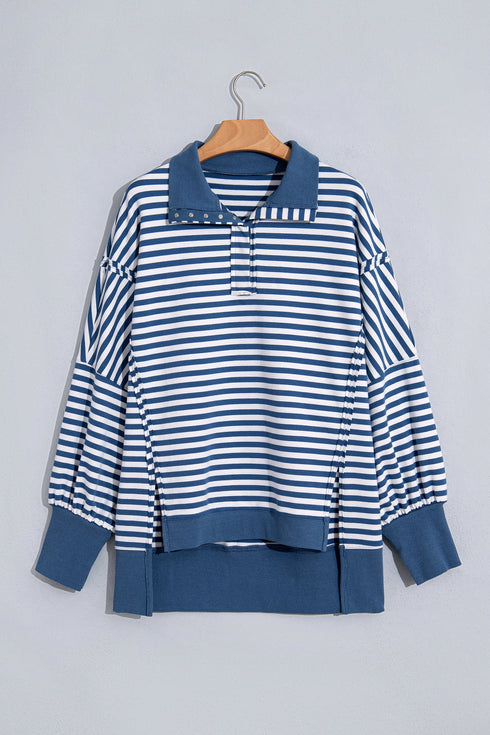 Striped Trim Raw Seam Split Hem Loose Pullover Sweatshirt