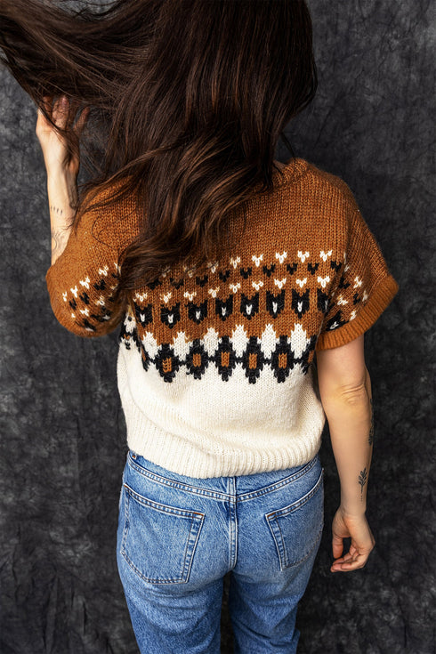 V Neck Short Sleeve Geometric Print Western Knit Sweater