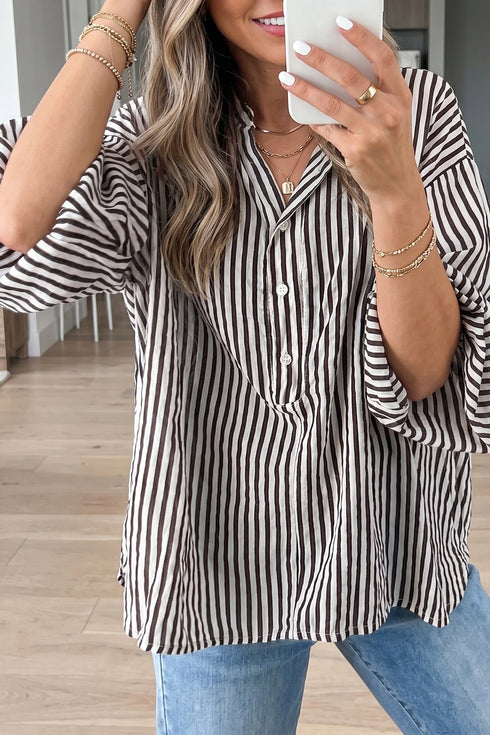 Striped Pattern Half Sleeve Button Up Blouse