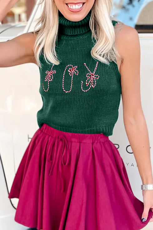 High Neck Sleeveless Embroidered Knit Sweater Vest