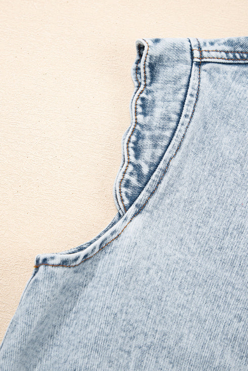 Scalloped Trim Patch Pocket Button Front Denim Vest