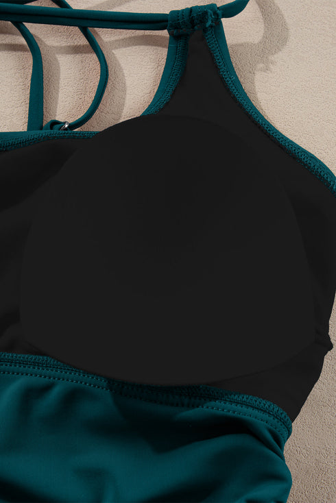 Ruched Side Tie Strap Leaf Print Tankini Set