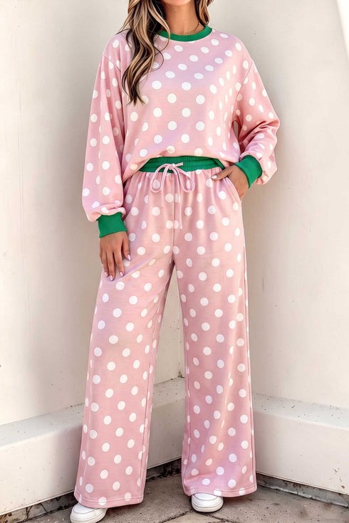 Polka Dot Framed Trim Long Sleeve Drawstring Shift Pant Set