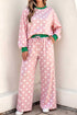 Polka Dot Trim Long Sleeve Top Drawstring Shift Pant Set