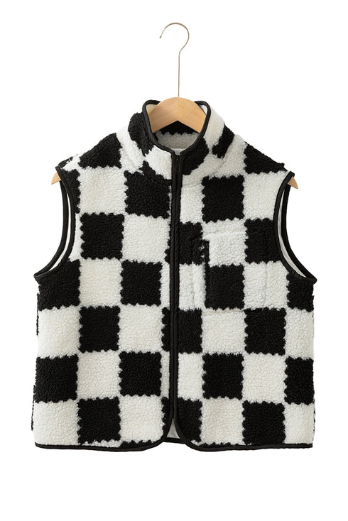 Casual Checkered Print Fleece Sherpa Collared Vest
