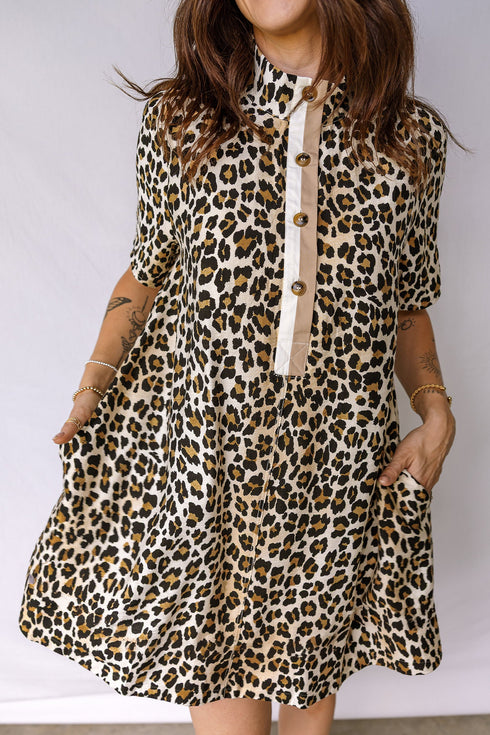 Leopard Print Half Button Short Sleeve Loose Mini Dress
