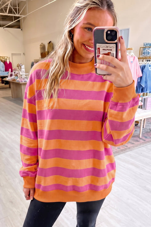 Stripe Print Mock Neck Relaxed Silhouette Sweatshirt