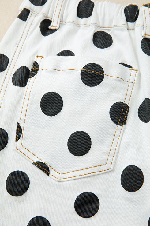 Polka Dot Print Bow Detail Pocketed Denim Jeans