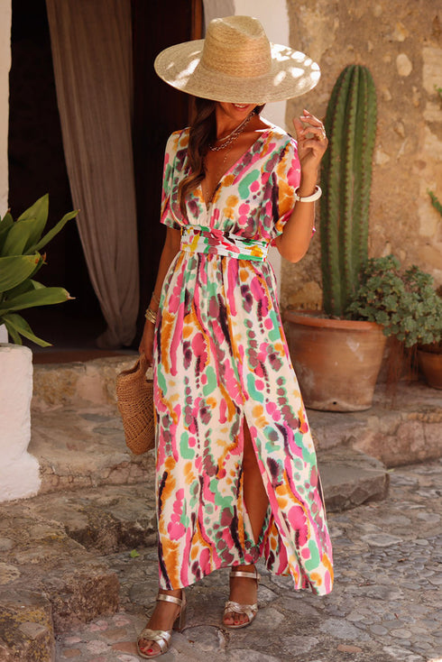 Abstract Print Flutter Sleeve V Neck Maxi Dress