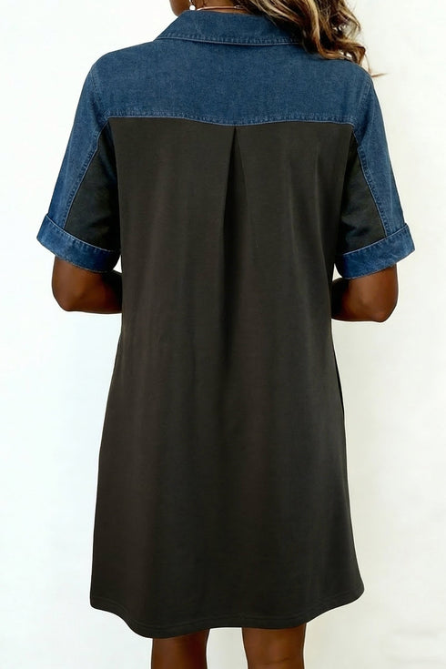 Western Denim Patchwork Polo Collar Shift T Shirt Dress