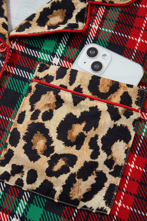 Plaid Leopard Print Patchwork Long Sleeve Shorts Sleepwear