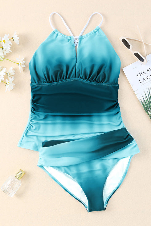 High Neck Keyhole Blouson Swim Tankini Top