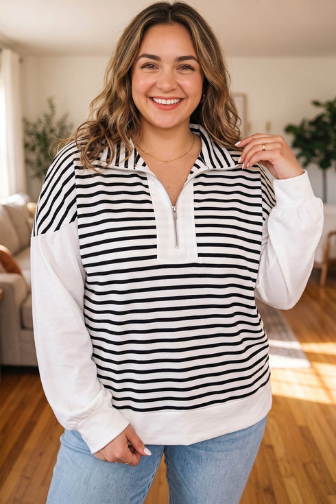 Striped Paneled V Neck Long Sleeve Shift Top