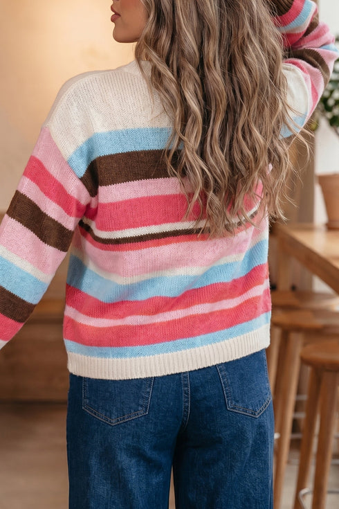 Acrylic Polyamide Striped Pattern Drop Shoulder Cardigan