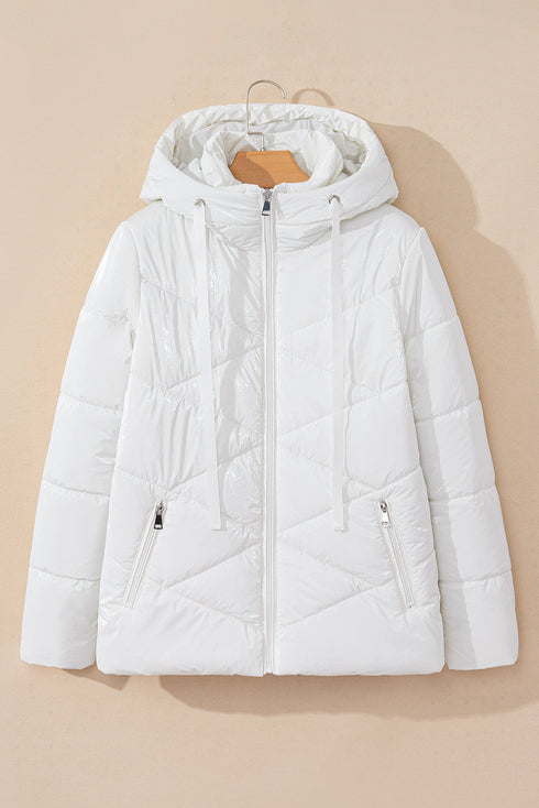 Casual Solid Quilted Hooded Zip Up Puffer Jacket