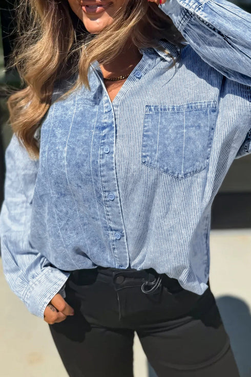 Striped Pattern Vintage Denim Long Sleeve Blouse