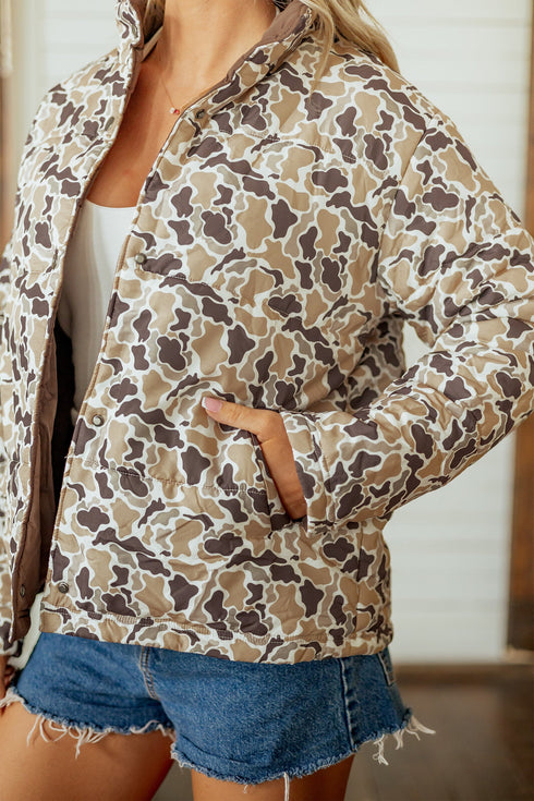 Camouflage Quilted Metal Button Collared Puffer Coat