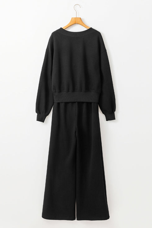 Relaxed V Neck Wide Leg Two Piece Set