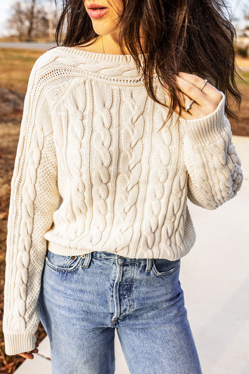 Drop Shoulder Round Neck Cable Knit Sweater