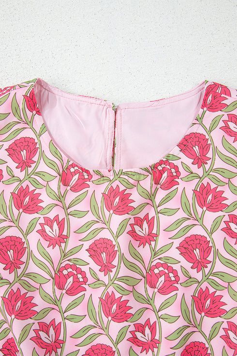 Bohemian Floral Print Puffy Cropped Mini Skirt Two Piece Dress