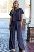 Smocked Raw Hem Loose Tee Wide Leg Pant Sets