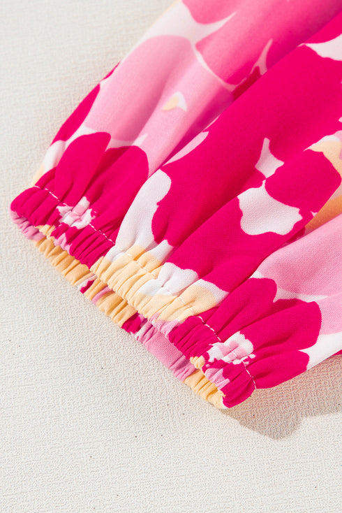 Abstract Floral Balloon Sleeve Button Down Shirt