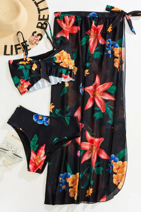 3pcs Floral Twist Front Bikini with Cover-up Swimsuit