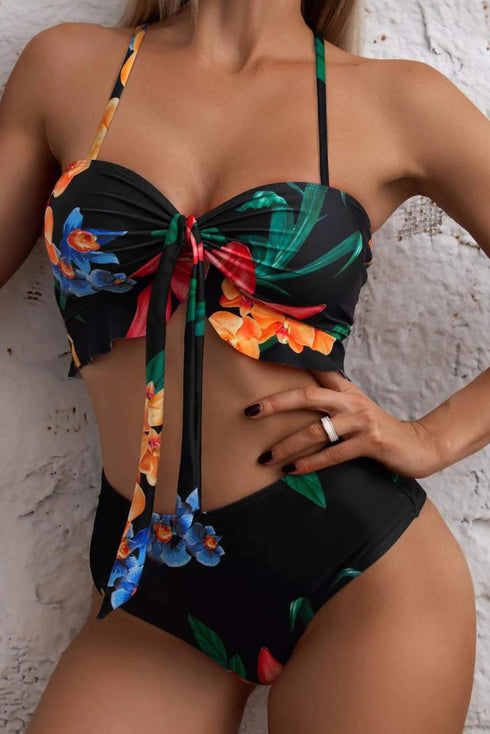 3pcs Floral Twist Front Bikini with Cover-up Swimsuit