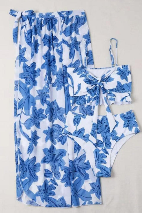 3pcs Floral Twist Front Bikini with Cover-up Swimsuit