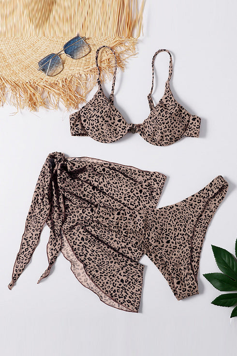 3Pcs Leopard Bikini & Sarong Swim Set