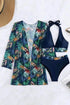 3pcs Tropical Contrast Trim Halter Bikini Set with Cover up