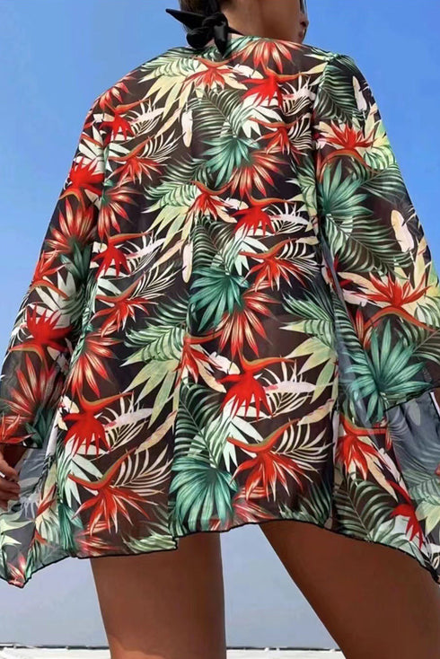 3pcs Tropical Contrast Trim Halter Bikini Set with Cover up