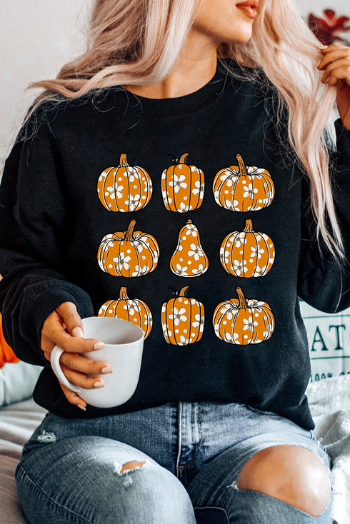 Graphic Floral Pumpkin Crew Neck Pullover Sweatshirt
