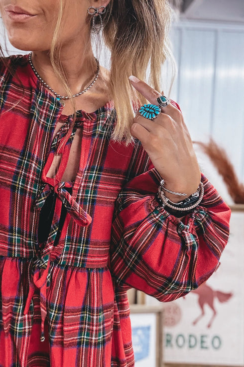 Plaid Tie Front Long Sleeve Short Shift Mini Dress