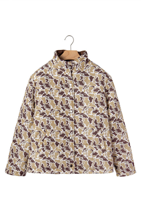 Camouflage Quilted Metal Button Collared Puffer Coat