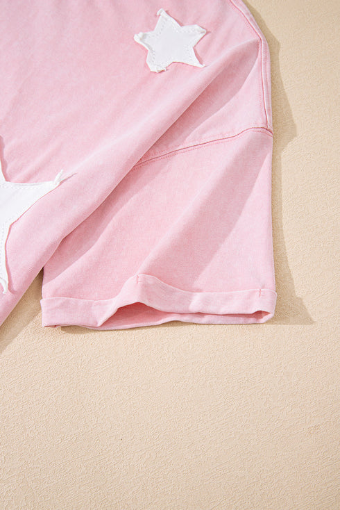 Acid Wash Star Applique Rolled Trim Pants Set