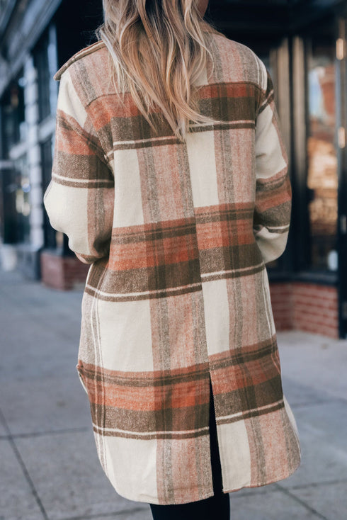 Casual Plaid Print Flap Pocket Long Shacket