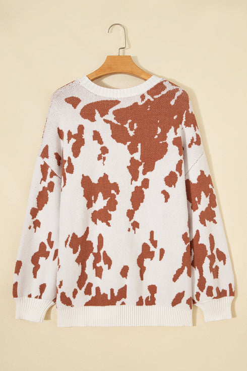 Abstract Print Drop Shoulder Long Sleeve Round Neck Sweater