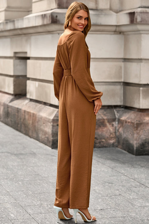 Shirred Button Detail Long Sleeve Straight Leg Jumpsuit