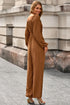 Long Sleeve Shirred Button Straight Leg Jumpsuit