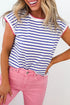 Striped Print Contrast Trim Round Neck Cap Sleeve Tee